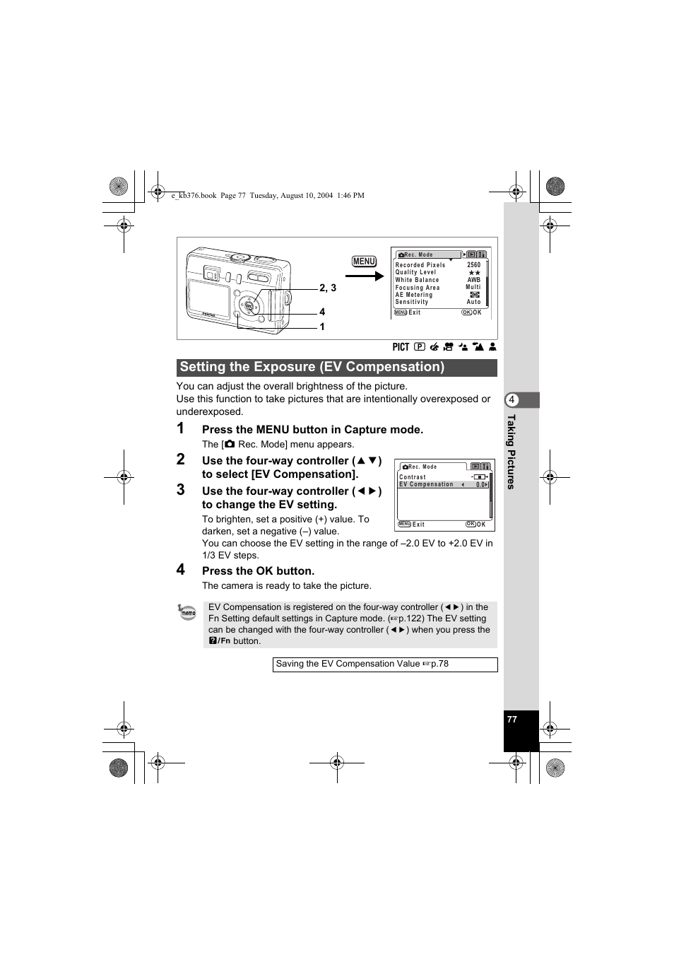 Setting the exposure (ev compensation) | Pentax Optio S50 User Manual | Page 79 / 138