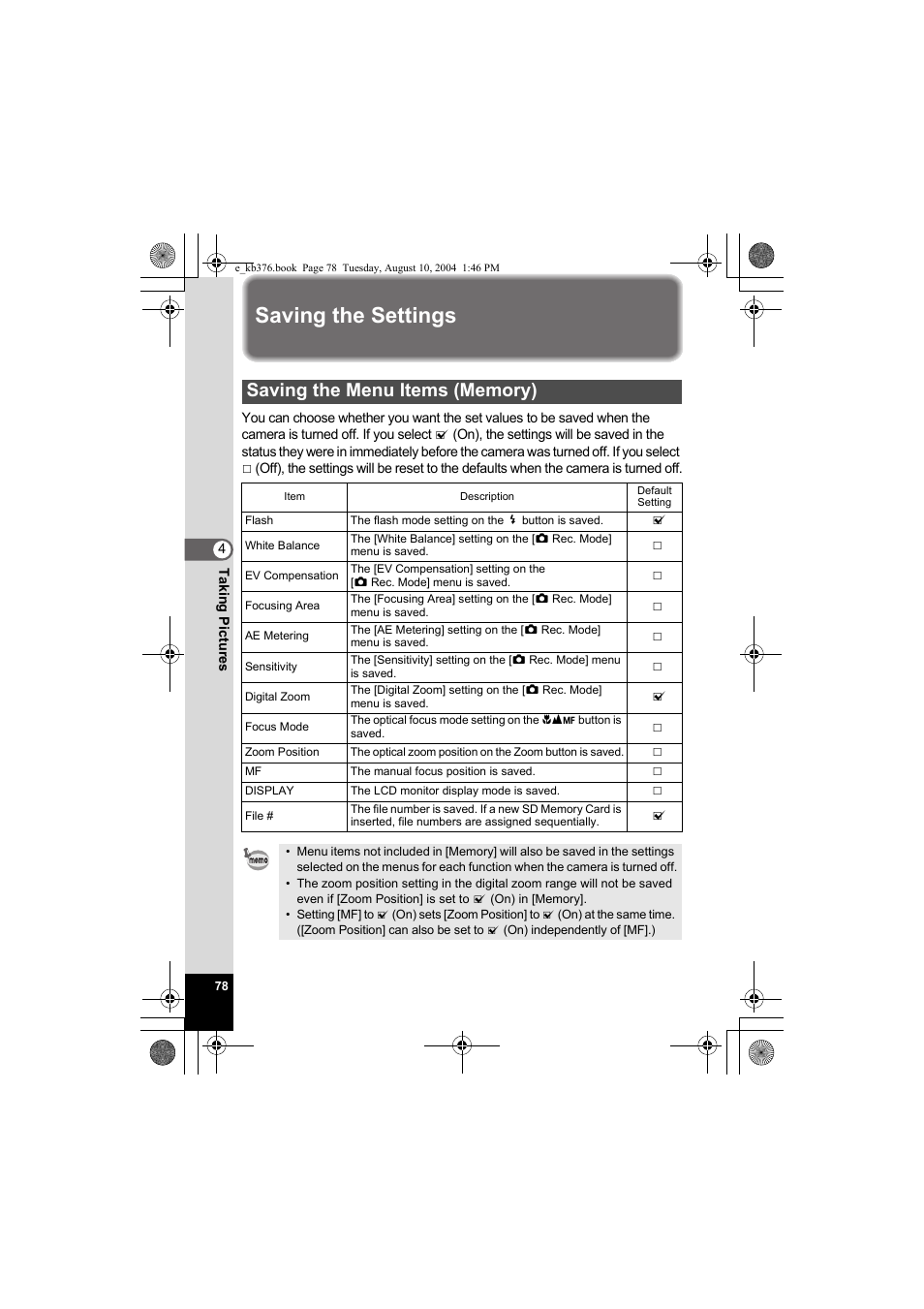 Saving the settings | Pentax Optio S50 User Manual | Page 80 / 138
