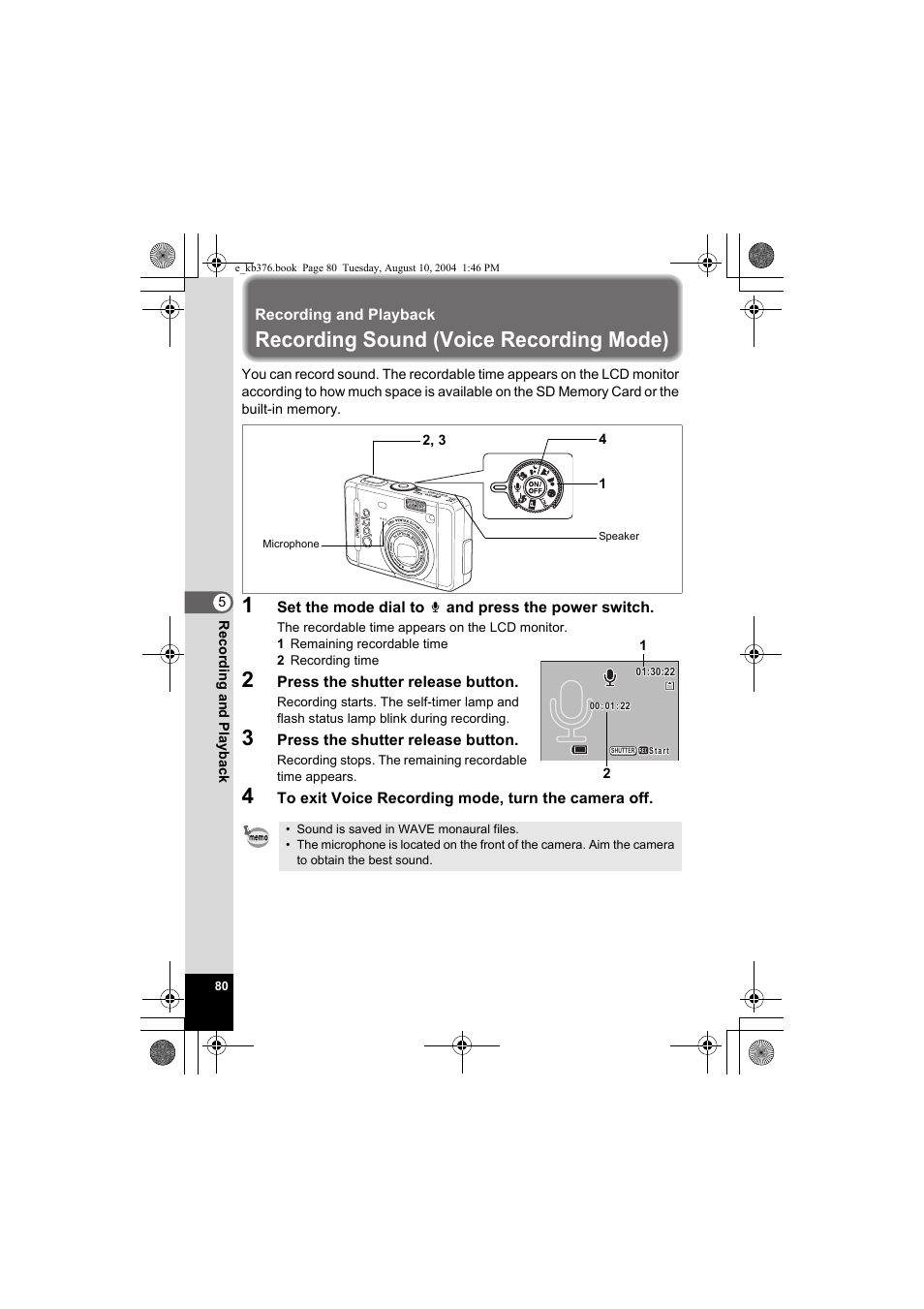 Recording sound (voice recording mode) | Pentax Optio S50 User Manual | Page 82 / 138