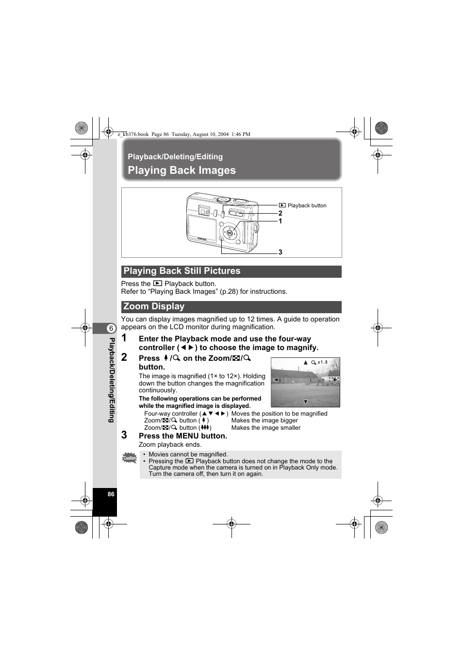 Playing back images, Playing back still pictures zoom display | Pentax Optio S50 User Manual | Page 88 / 138