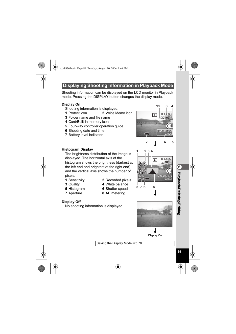 Displaying shooting information in playback mode | Pentax Optio S50 User Manual | Page 91 / 138