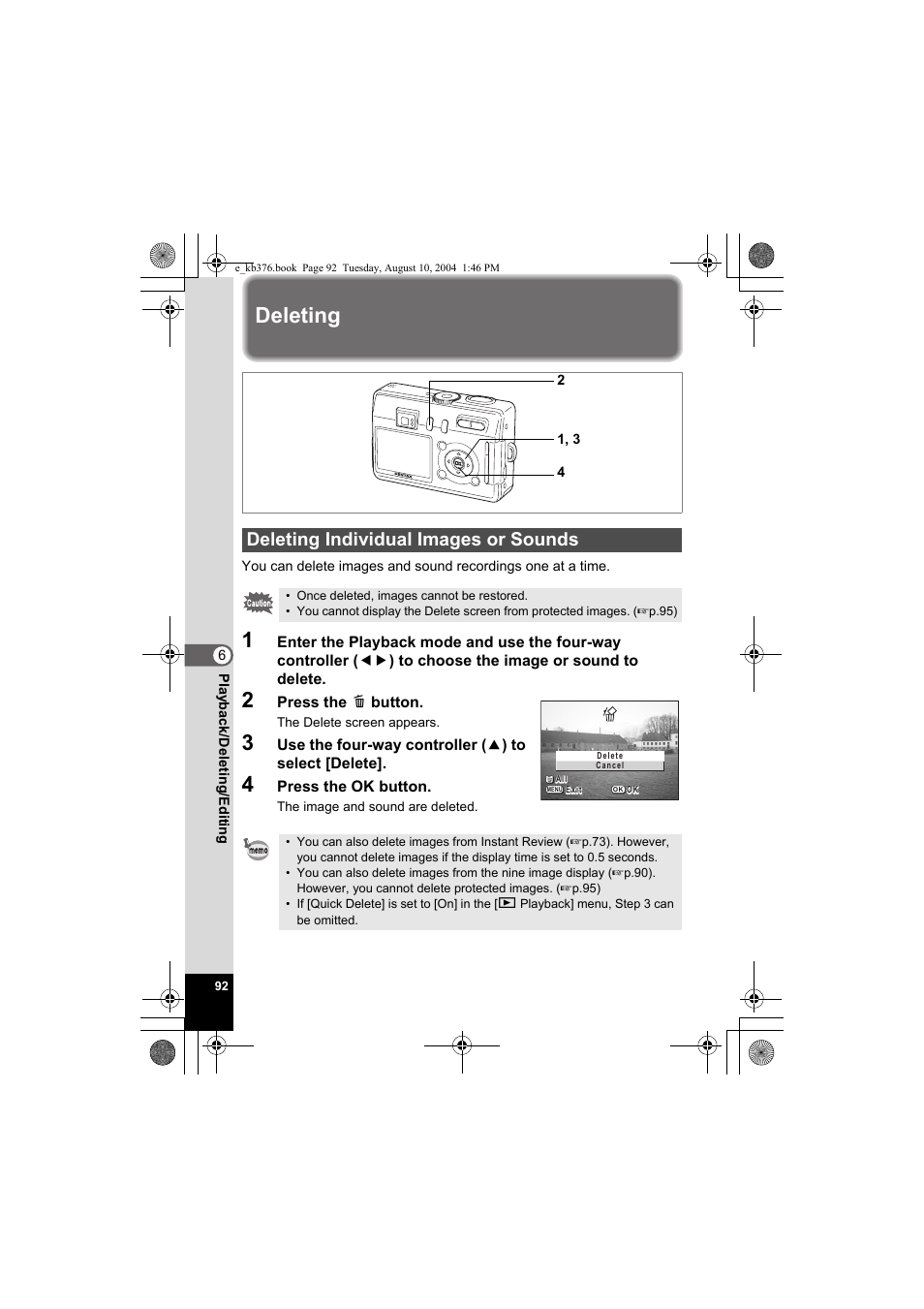 Deleting, Deleting individual images or sounds | Pentax Optio S50 User Manual | Page 94 / 138