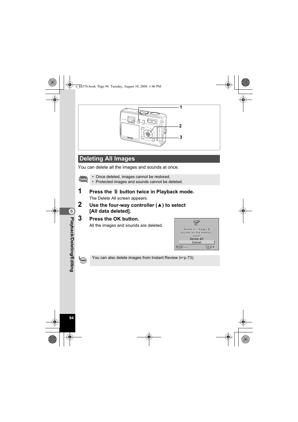 Deleting all images | Pentax Optio S50 User Manual | Page 96 / 138