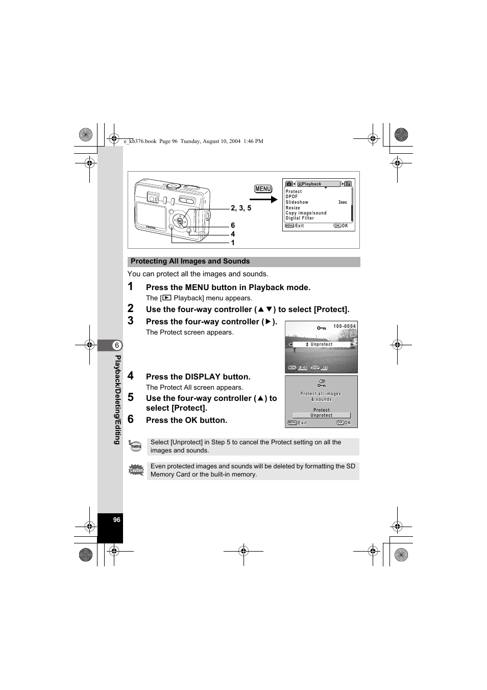 Press the menu button in playback mode, Press the four-way controller ( 5 ), Press the display button | Press the ok button | Pentax Optio S50 User Manual | Page 98 / 138