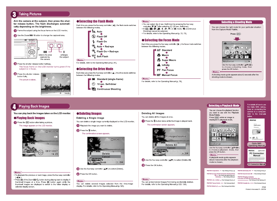 Taking pictures, Selecting the flash mede, Selecting the nrive mede | Selecting the fecns mede, Playing back images, Memo, Memo) | Pentax Optio M40 User Manual | Page 2 / 2