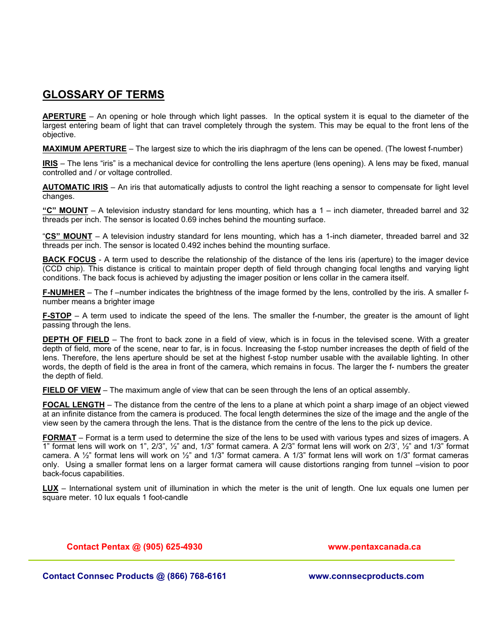 Glossary of terms | Pentax C70210HK User Manual | Page 2 / 2