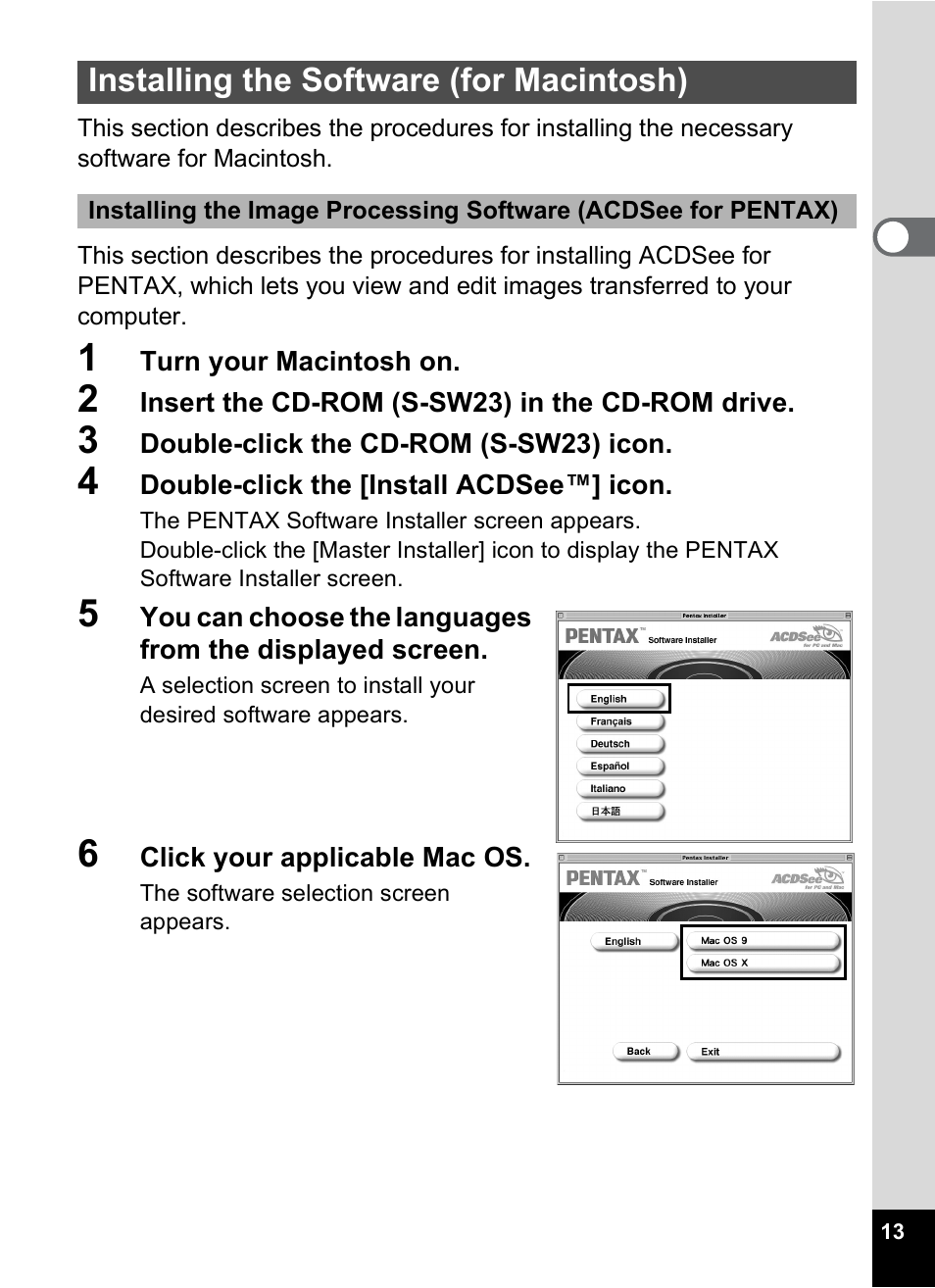 Installing the software (for macintosh) | Pentax Optio MX4 User Manual | Page 15 / 68