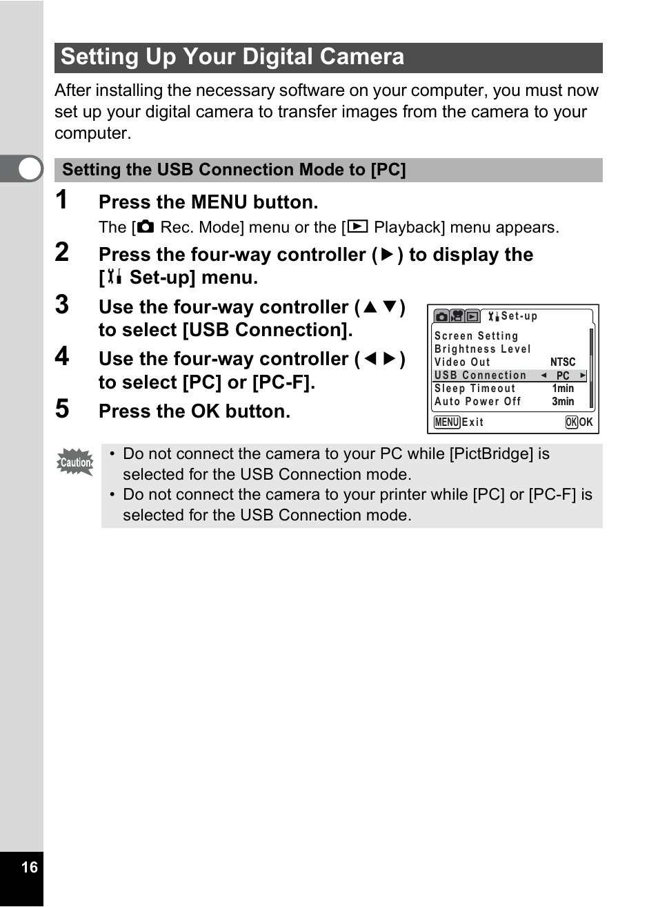 Setting up your digital camera, Press the menu button, Press the ok button | Pentax Optio MX4 User Manual | Page 18 / 68