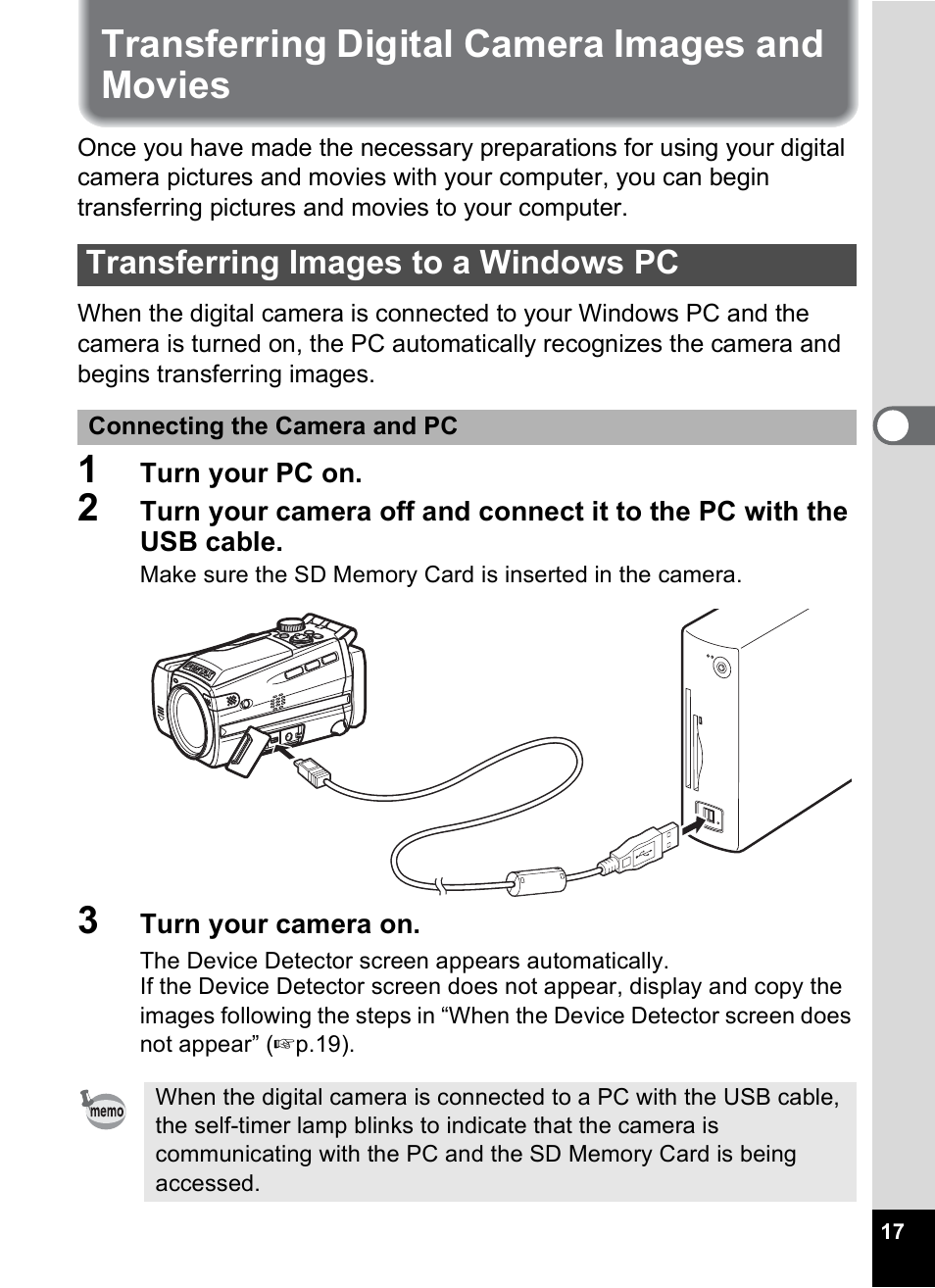 Transferring digital camera images and movies, Transferring images to a windows pc | Pentax Optio MX4 User Manual | Page 19 / 68