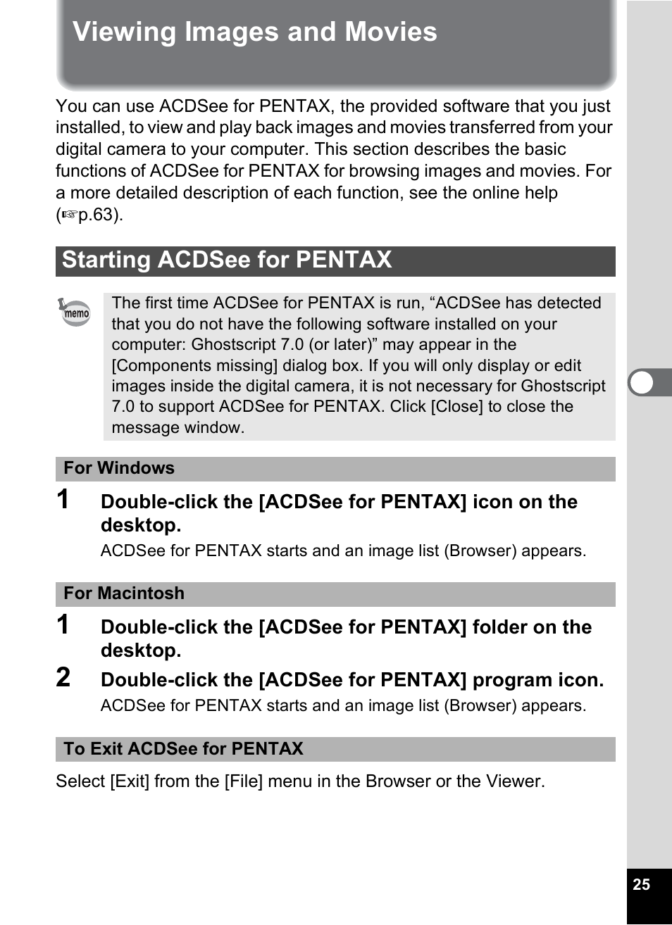 Viewing images and movies, Starting acdsee for pentax | Pentax Optio MX4 User Manual | Page 27 / 68