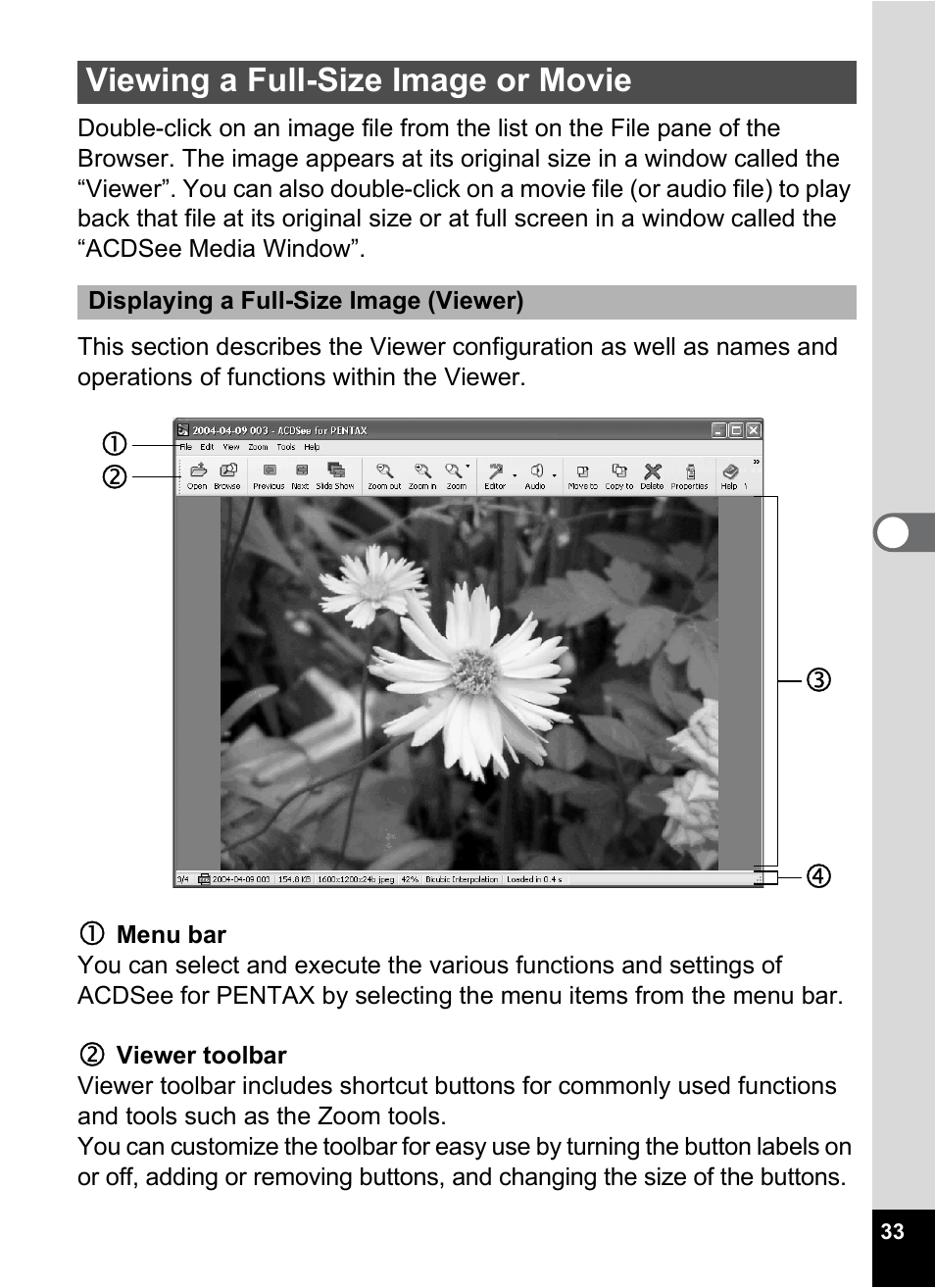 Viewing a full-size image or movie, Cd f e | Pentax Optio MX4 User Manual | Page 35 / 68