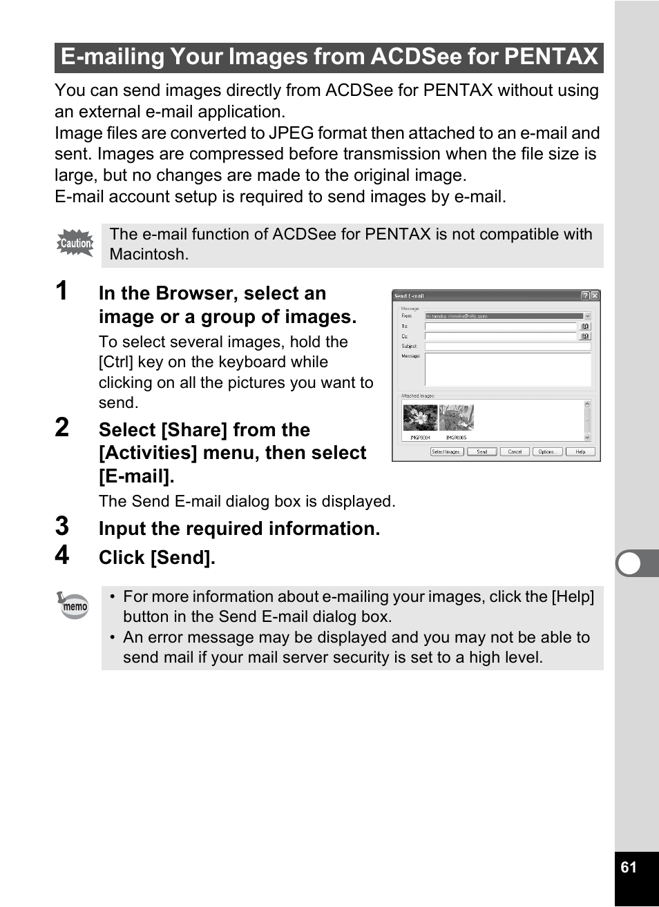 E-mailing your images from acdsee for pentax | Pentax Optio MX4 User Manual | Page 63 / 68