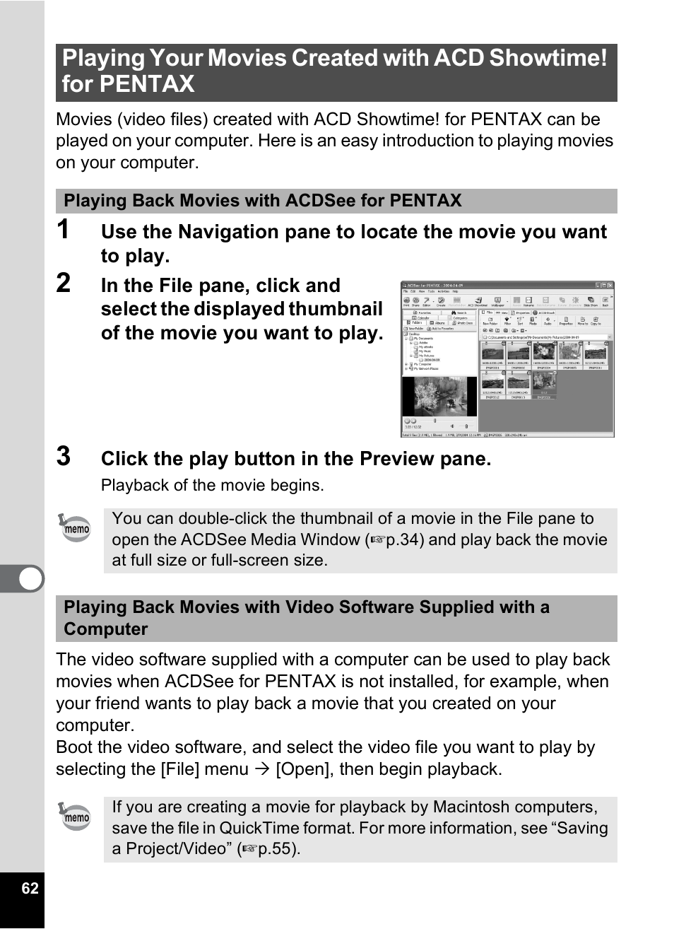 Playing your movies created with acd showtime! for, Pentax | Pentax Optio MX4 User Manual | Page 64 / 68