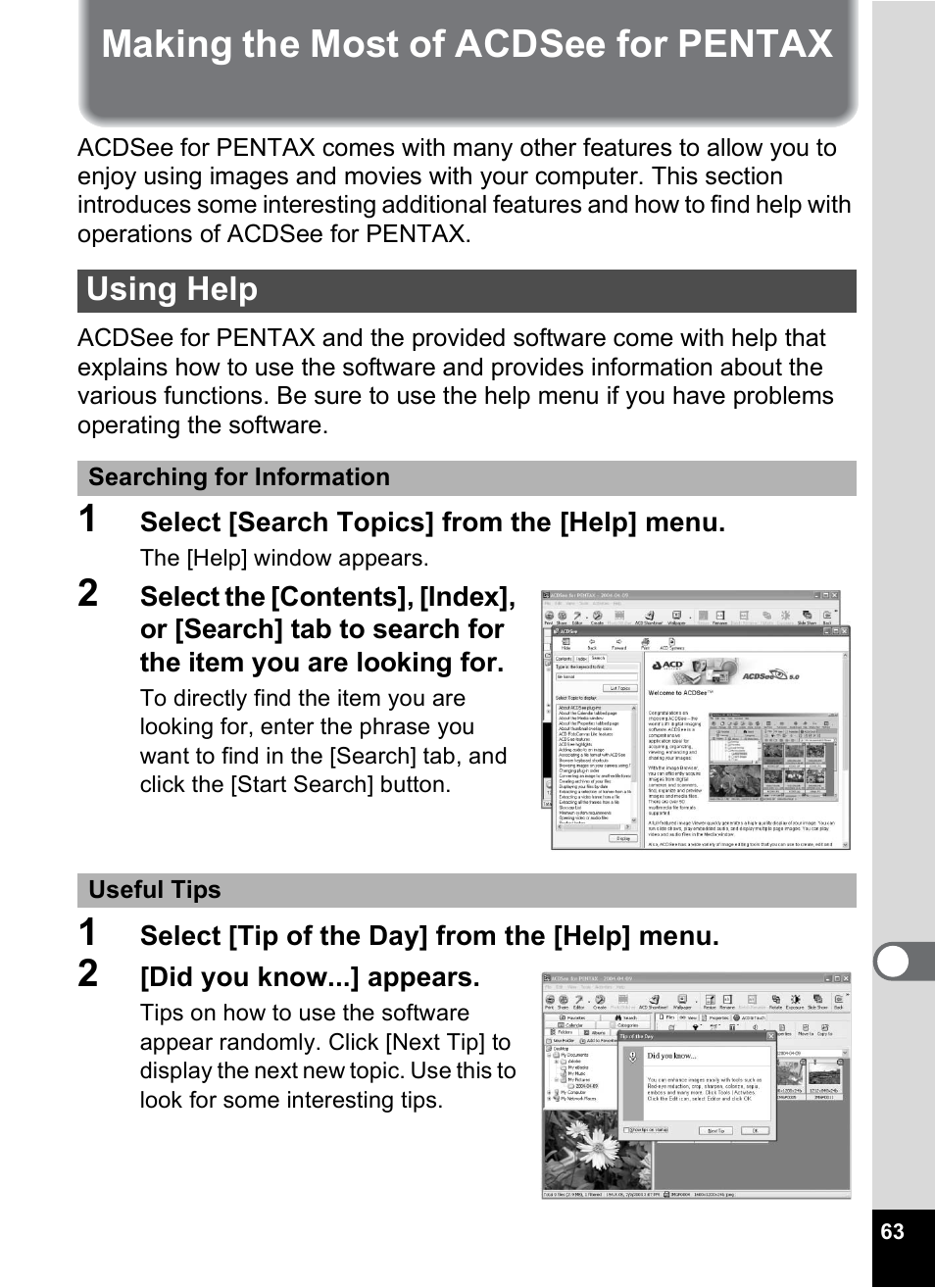 Making the most of acdsee for pentax, Using help | Pentax Optio MX4 User Manual | Page 65 / 68