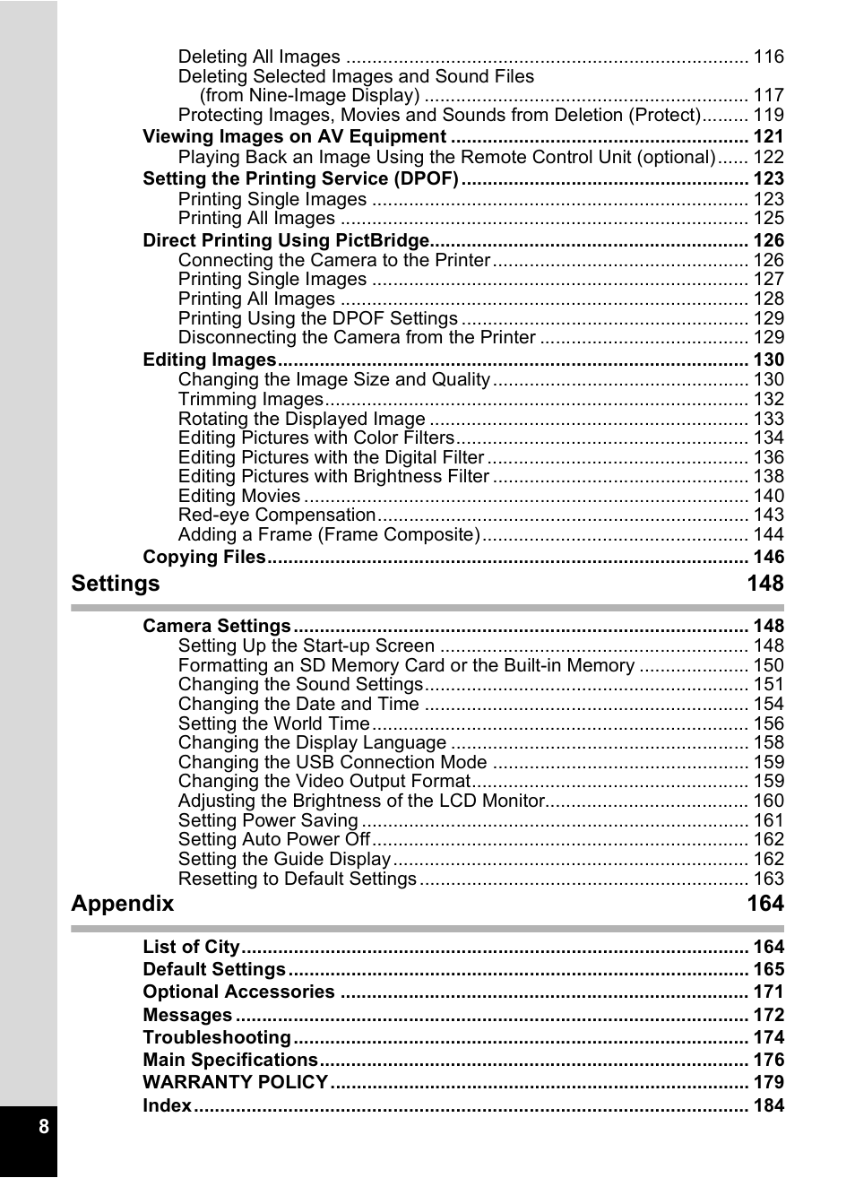 Settings 148, Appendix 164 | Pentax Optio A10 User Manual | Page 10 / 191