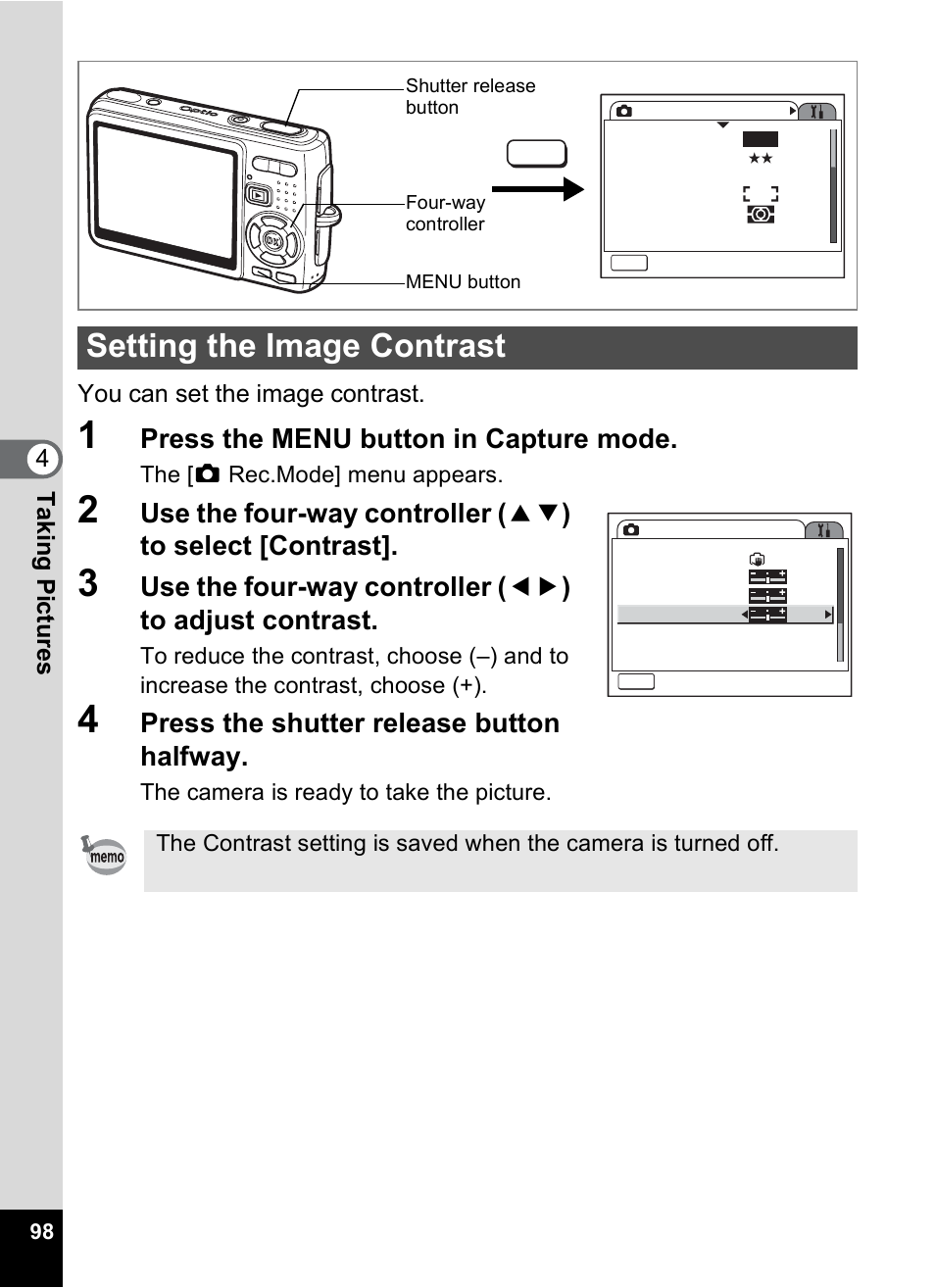 Setting the image contrast, P.98, Press the menu button in capture mode | Press the shutter release button halfway | Pentax Optio A10 User Manual | Page 100 / 191