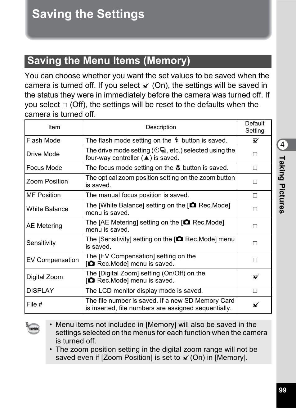 Saving the settings, Saving the menu items (memory), P.99 | Pentax Optio A10 User Manual | Page 101 / 191