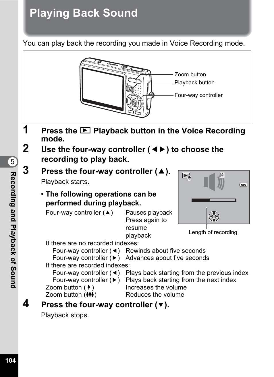 Playing back sound, P.104), Press the four-way controller ( 2 ) | Press the four-way controller | Pentax Optio A10 User Manual | Page 106 / 191