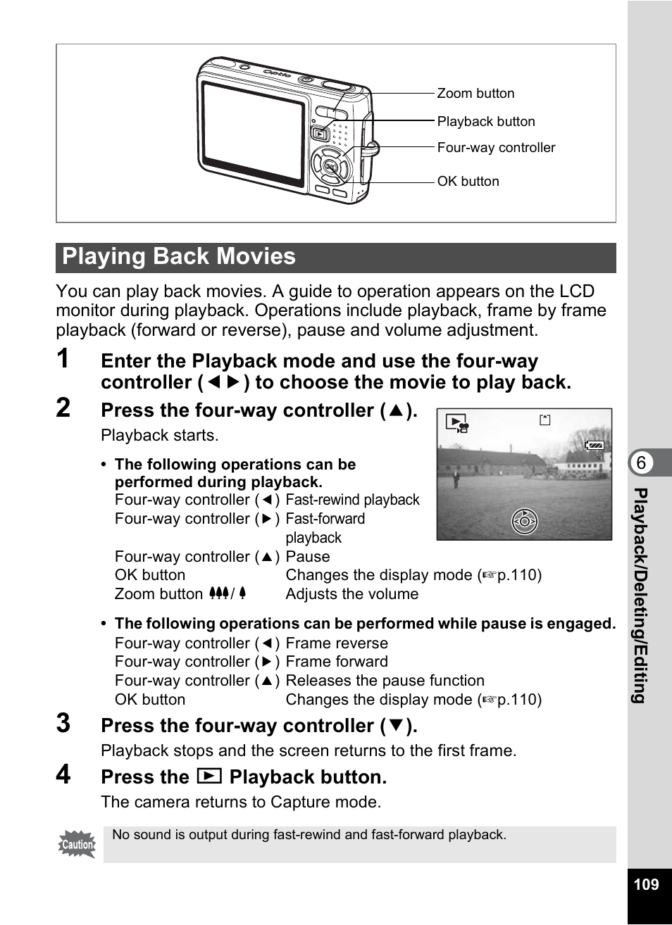 Playing back movies, P.109), P.109 | Press the four-way controller ( 2 ), Press the four-way controller ( 3 ), Press the q playback button | Pentax Optio A10 User Manual | Page 111 / 191