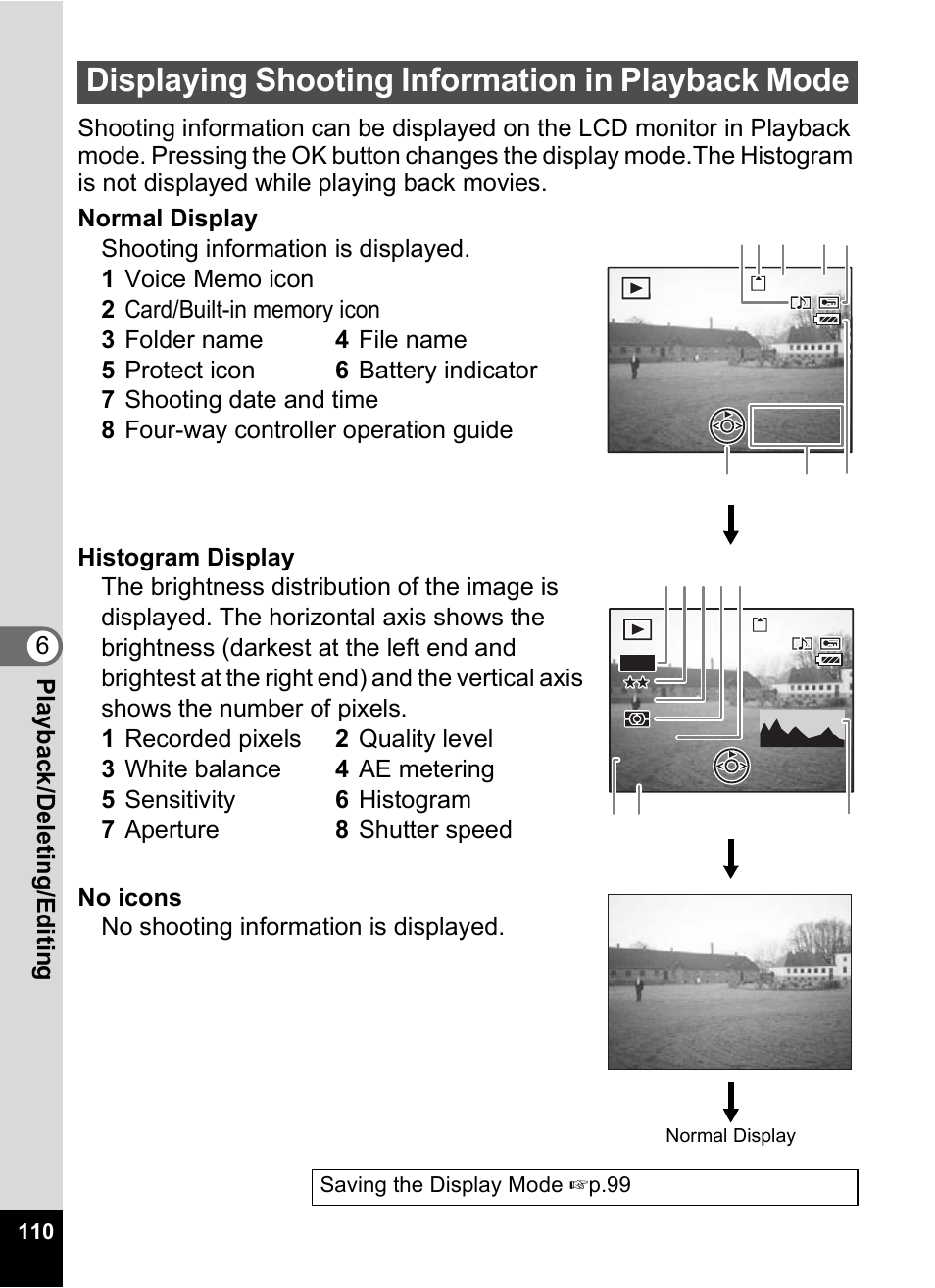 Displaying shooting information in playback mode, P.110) | Pentax Optio A10 User Manual | Page 112 / 191