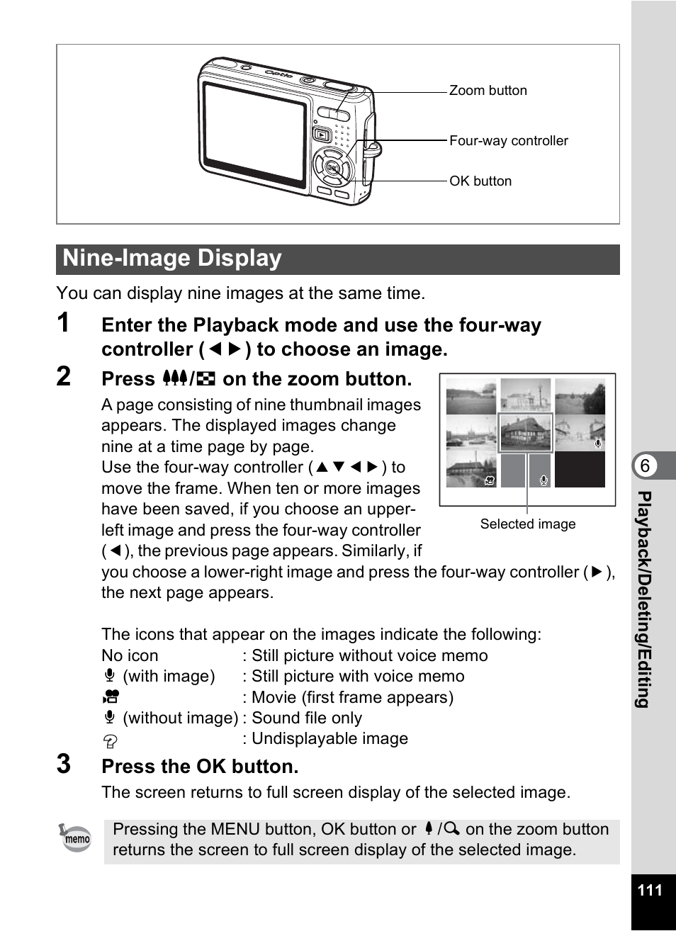 Nine-image display, P.111) | Pentax Optio A10 User Manual | Page 113 / 191