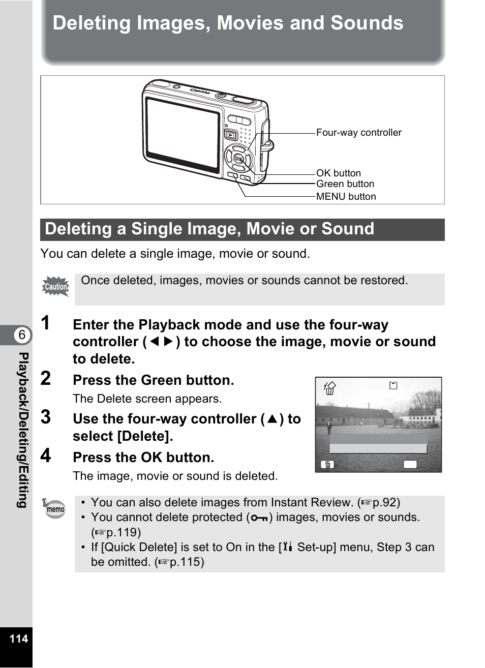 Deleting images, movies and sounds, Deleting a single image, movie or sound, P.114 | P.114), Press the green button, Press the ok button | Pentax Optio A10 User Manual | Page 116 / 191