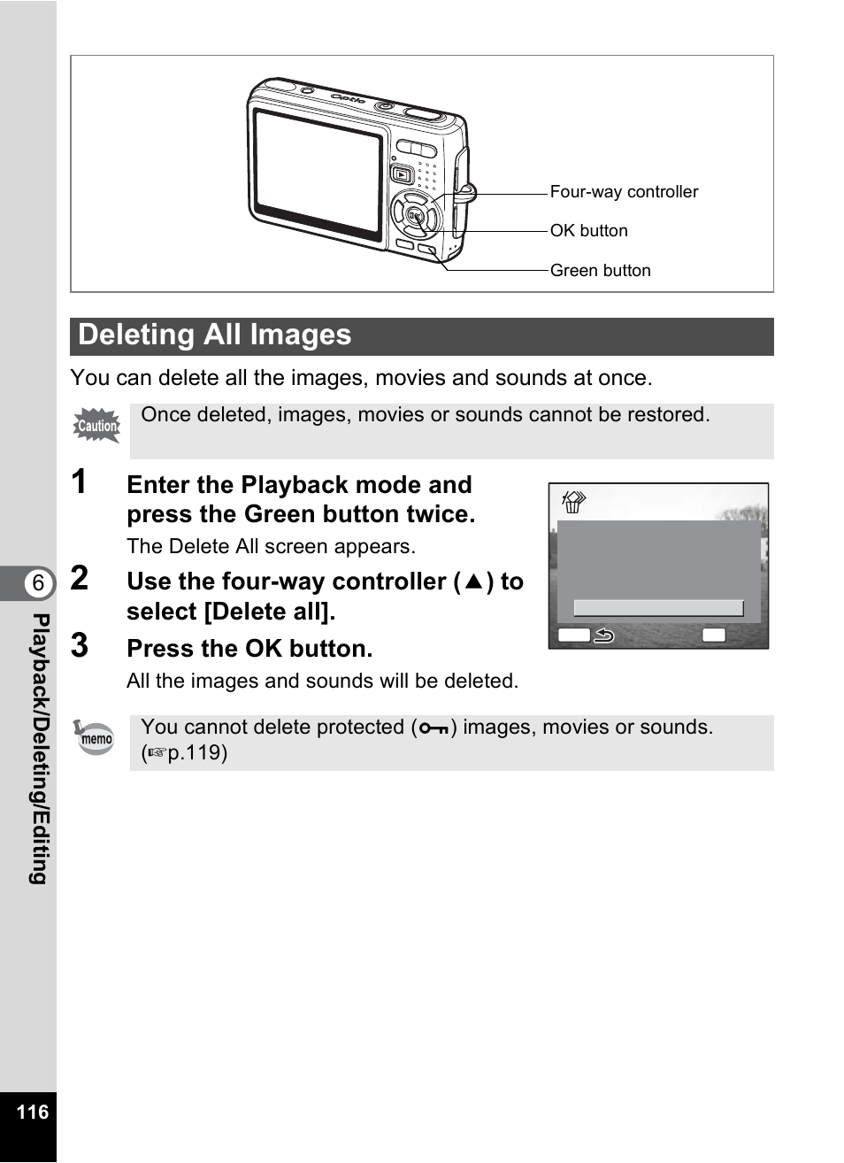 Deleting all images, Press the ok button | Pentax Optio A10 User Manual | Page 118 / 191