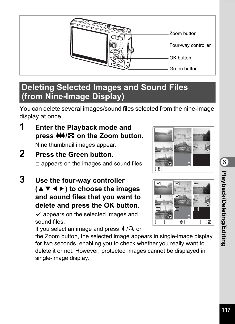 Deleting selected images and sound files, From nine-image display), Press the green button | Pentax Optio A10 User Manual | Page 119 / 191