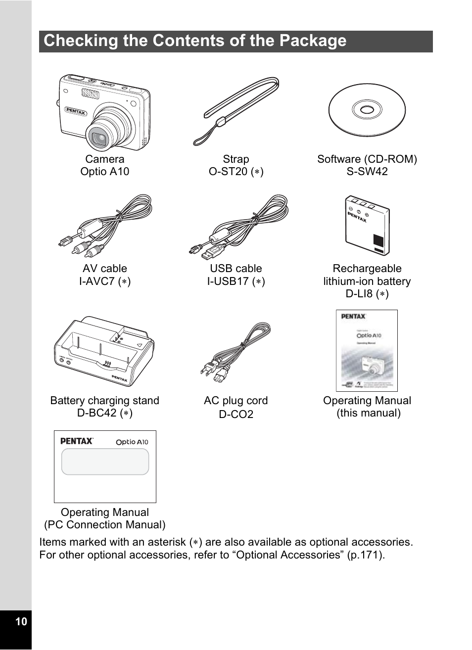 Checking the contents of the package | Pentax Optio A10 User Manual | Page 12 / 191