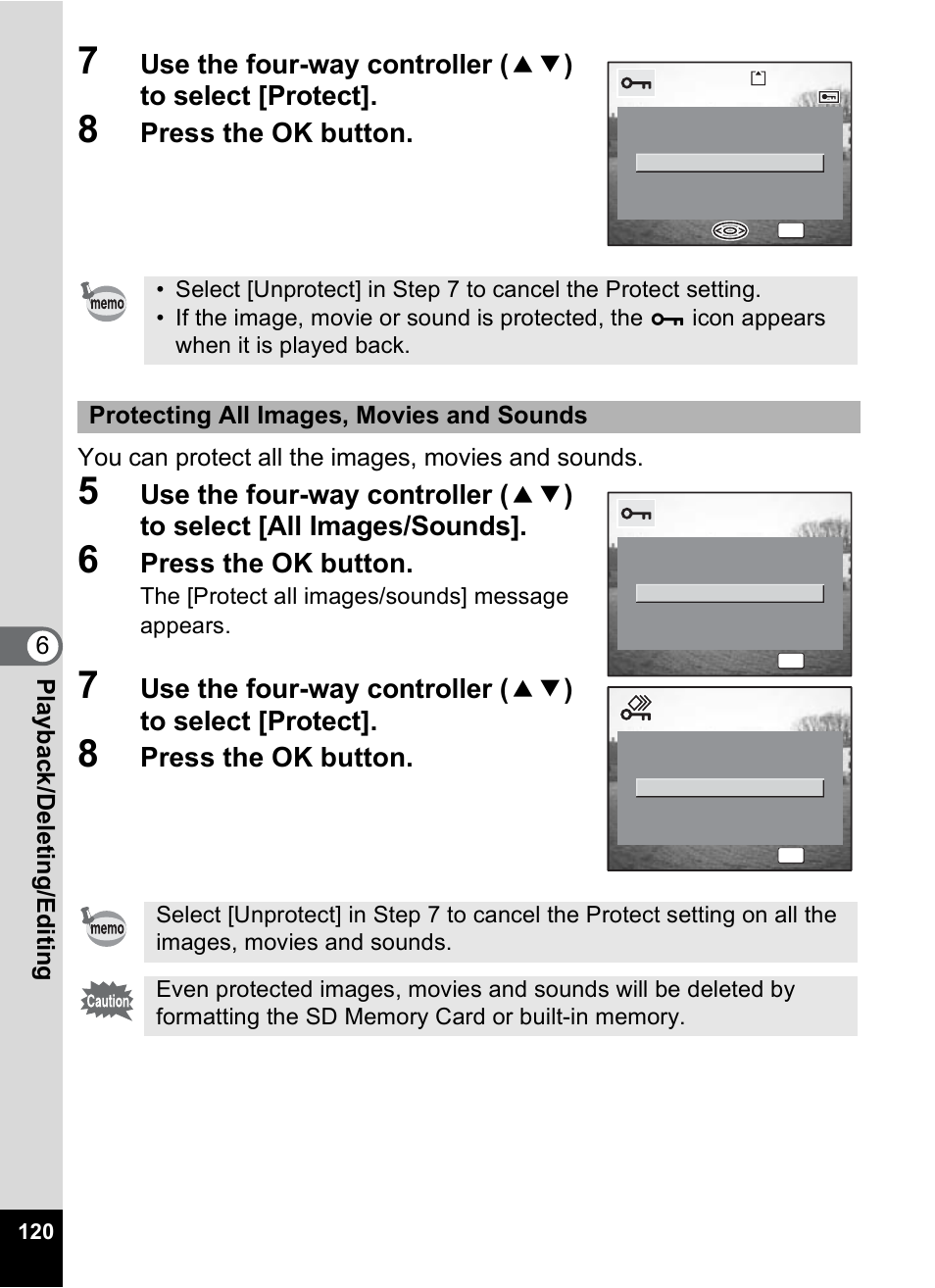 Press the ok button, 6play bac k /d el eting /editi n g, You can protect all the images, movies and sounds | Protecting all images, movies and sounds | Pentax Optio A10 User Manual | Page 122 / 191