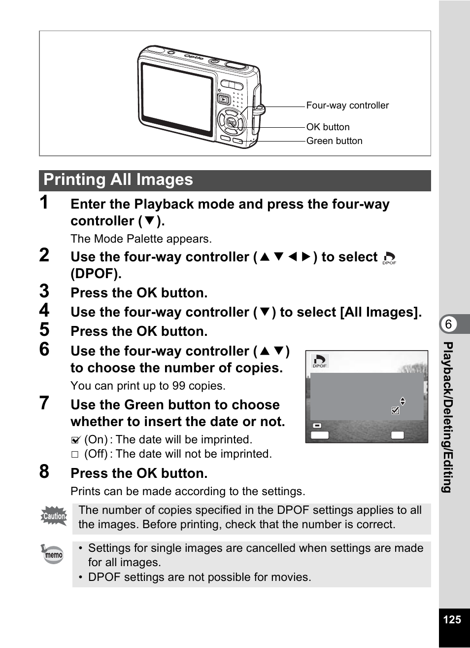 Printing all images, Press the ok button | Pentax Optio A10 User Manual | Page 127 / 191