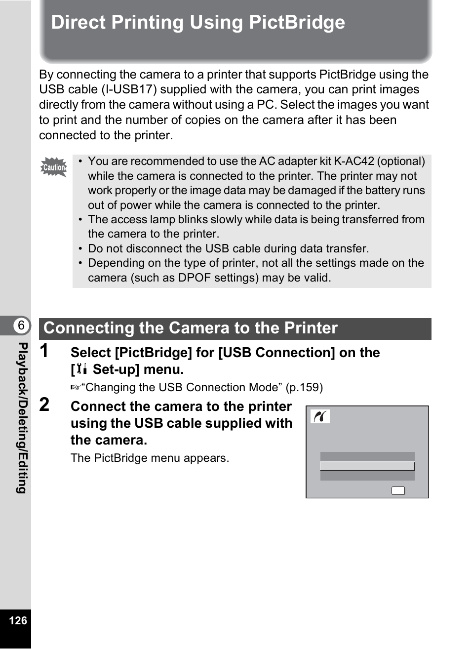 Direct printing using pictbridge, Connecting the camera to the printer | Pentax Optio A10 User Manual | Page 128 / 191