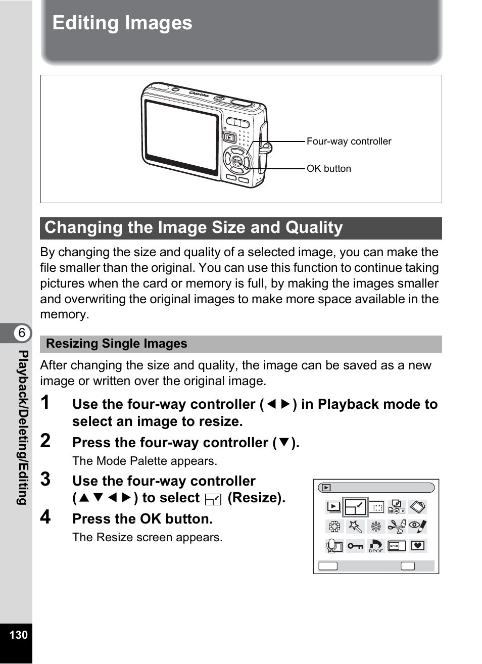 Editing images, Changing the image size and quality, P.130 | Pentax Optio A10 User Manual | Page 132 / 191