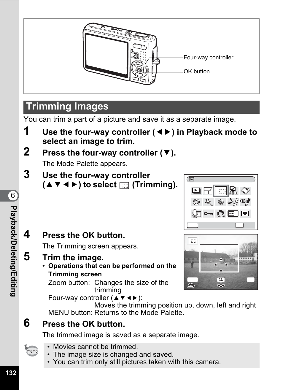 Trimming images, P.132 | Pentax Optio A10 User Manual | Page 134 / 191