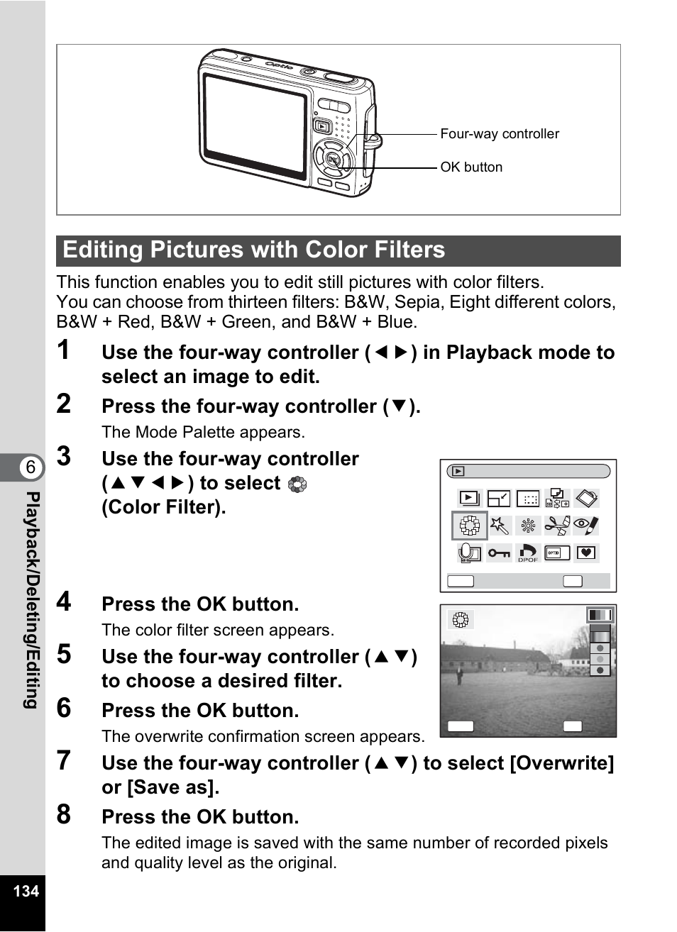 Editing pictures with color filters, P.134 | Pentax Optio A10 User Manual | Page 136 / 191