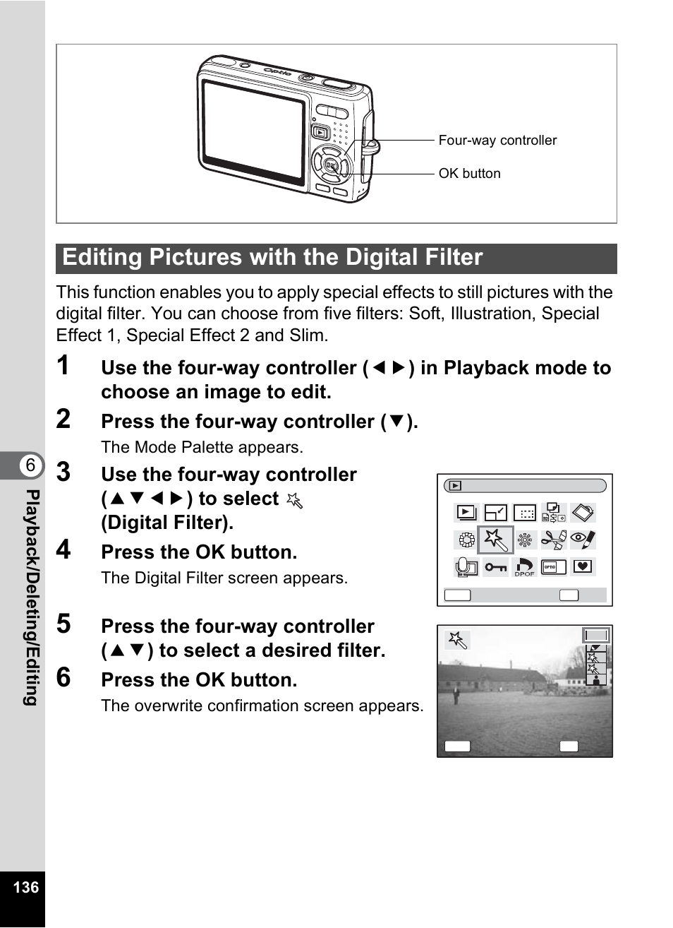 Editing pictures with the digital filter, P.136 | Pentax Optio A10 User Manual | Page 138 / 191