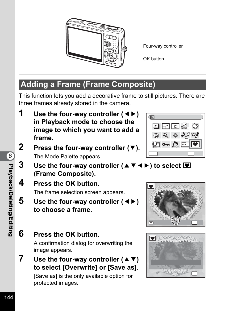 Adding a frame (frame composite), P.144, Press the four-way controller ( 3 ) | Press the ok button | Pentax Optio A10 User Manual | Page 146 / 191