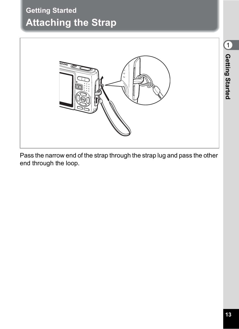 Getting started, Attaching the strap | Pentax Optio A10 User Manual | Page 15 / 191