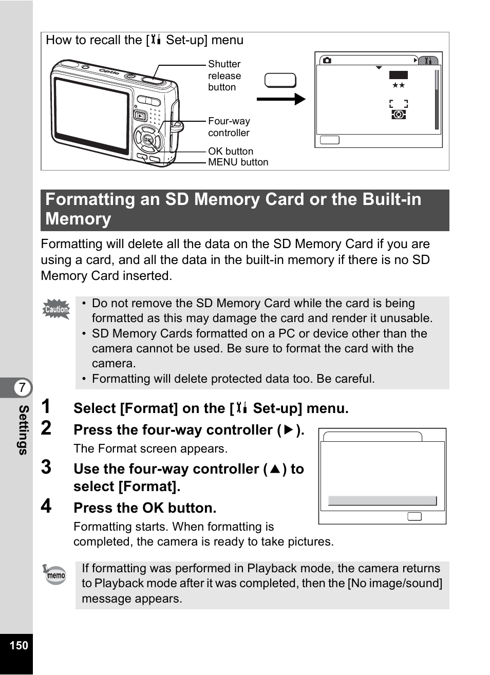 P.150, Select [format] on the [ b set-up] menu, Press the four-way controller ( 5 ) | Press the ok button | Pentax Optio A10 User Manual | Page 152 / 191