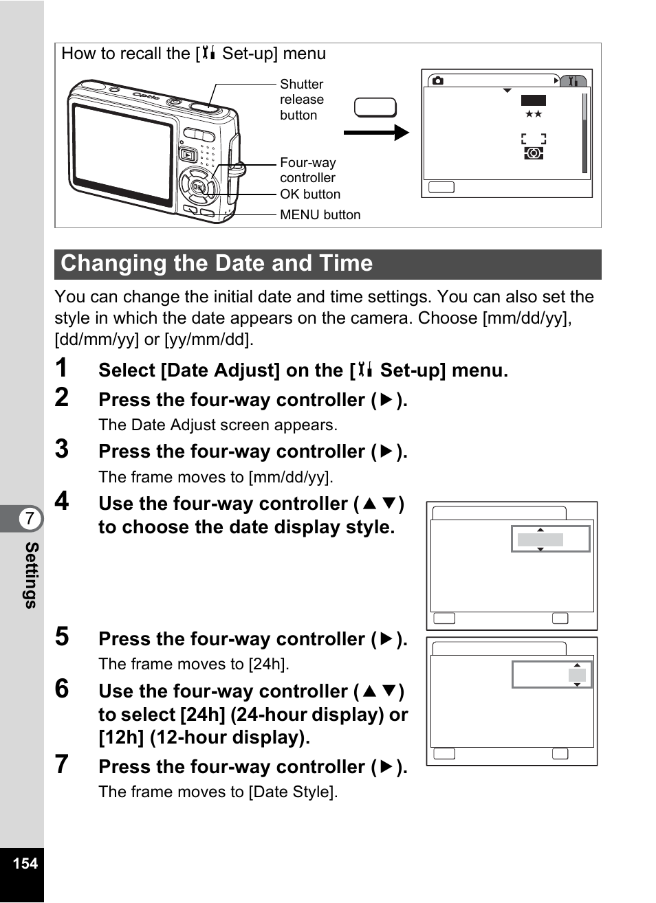 Changing the date and time, To “changing the date and time” (p.154) a, Changing the date and time” (p.154) | P.154, Select [date adjust] on the [ b set-up] menu, Press the four-way controller ( 5 ), How to recall the [b set-up] menu | Pentax Optio A10 User Manual | Page 156 / 191