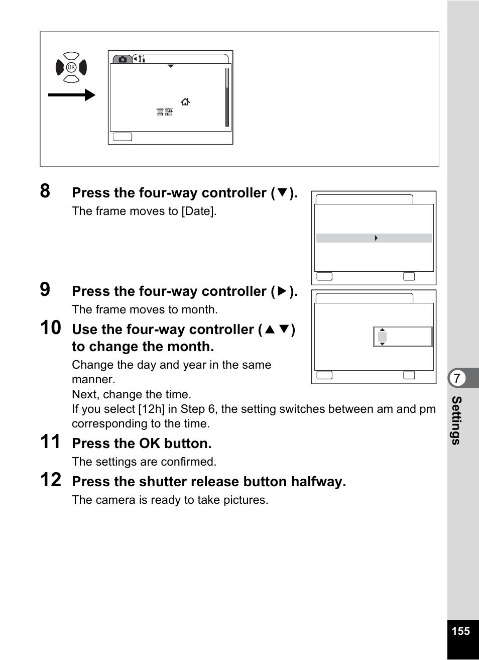 Press the four-way controller ( 3 ), Press the four-way controller ( 5 ), Press the ok button | Press the shutter release button halfway, 7se ttings | Pentax Optio A10 User Manual | Page 157 / 191