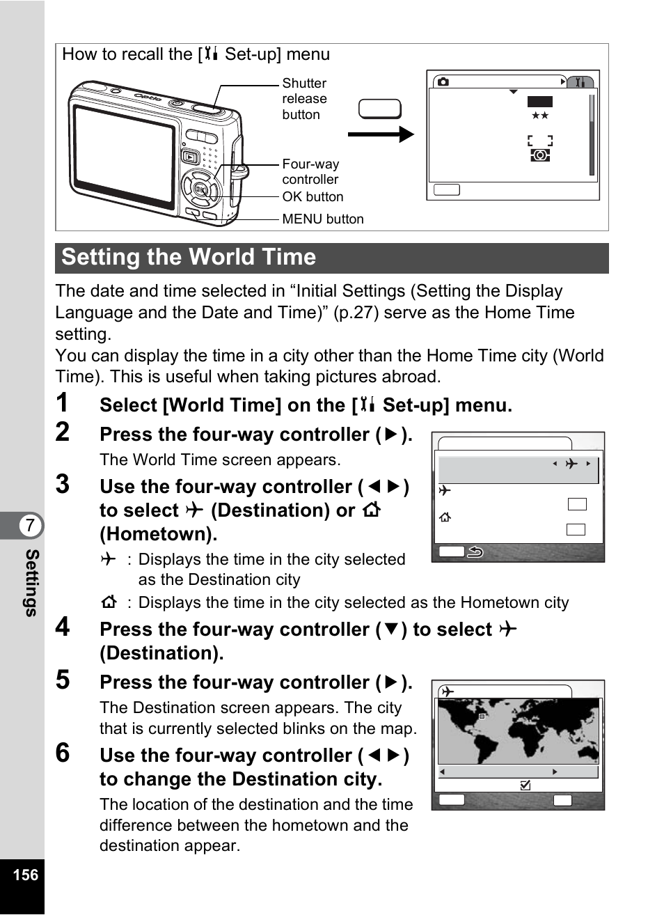 Setting the world time, Setting the world time” (p.156), P.156 | Select [world time] on the [ b set-up] menu, Press the four-way controller ( 5 ), How to recall the [b set-up] menu | Pentax Optio A10 User Manual | Page 158 / 191