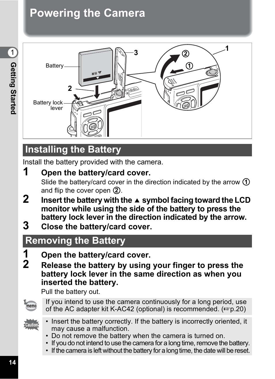 Powering the camera, Installing the battery, Removing the battery | Installing the battery removing the battery | Pentax Optio A10 User Manual | Page 16 / 191