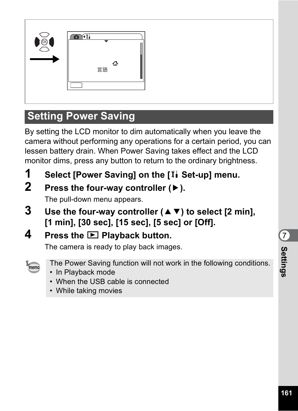 Setting power saving, P.161 | Pentax Optio A10 User Manual | Page 163 / 191