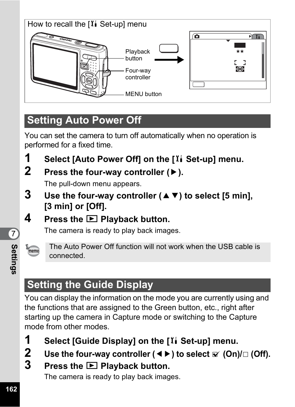 Setting auto power off, Setting the guide display, P.162 | Pentax Optio A10 User Manual | Page 164 / 191