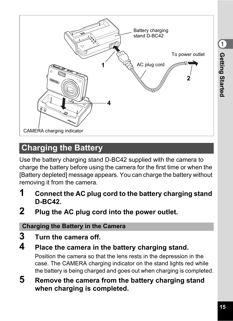 Charging the battery | Pentax Optio A10 User Manual | Page 17 / 191