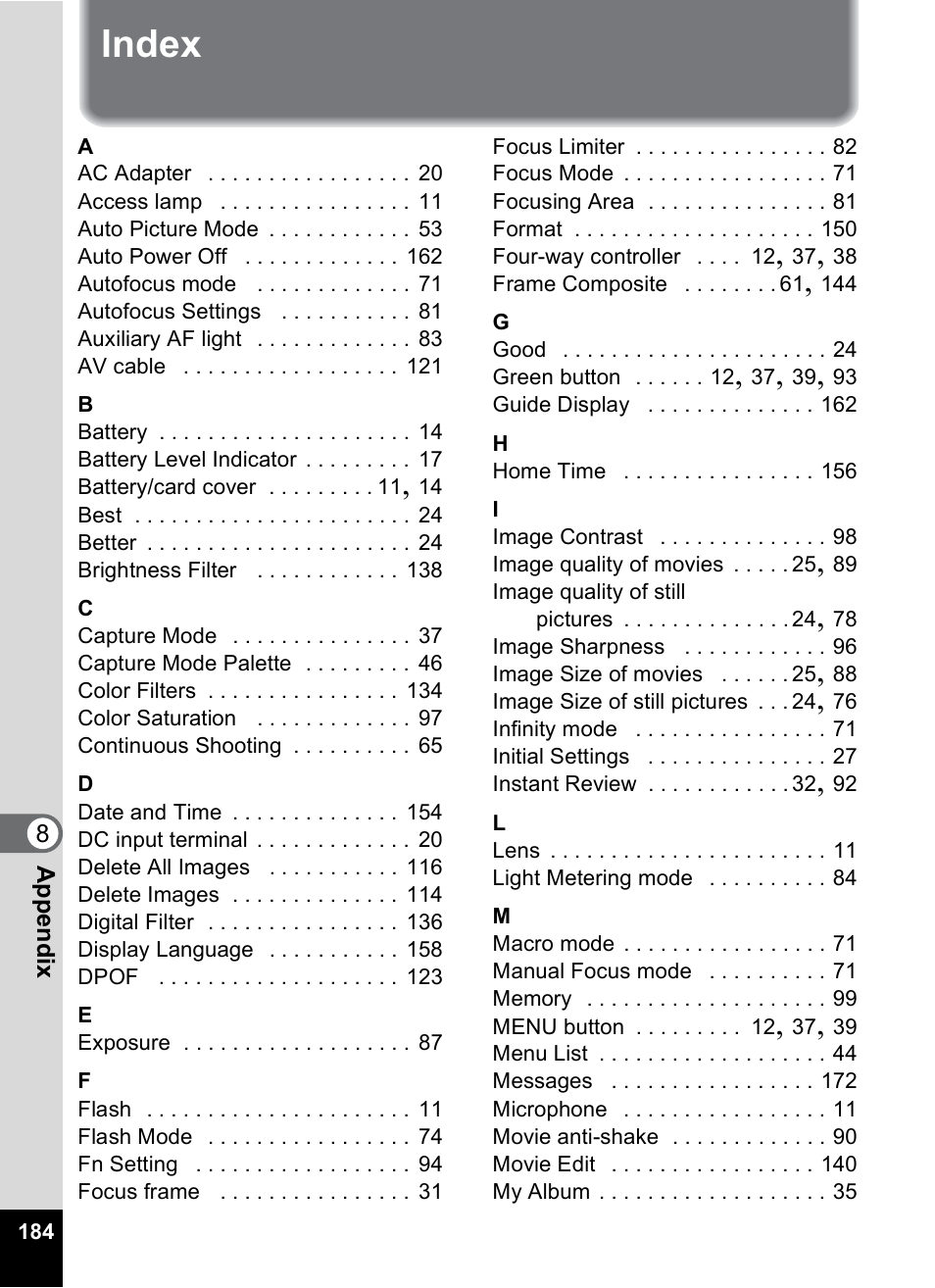 Index | Pentax Optio A10 User Manual | Page 186 / 191