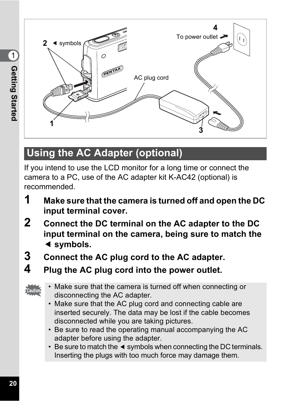 Using the ac adapter (optional) | Pentax Optio A10 User Manual | Page 22 / 191