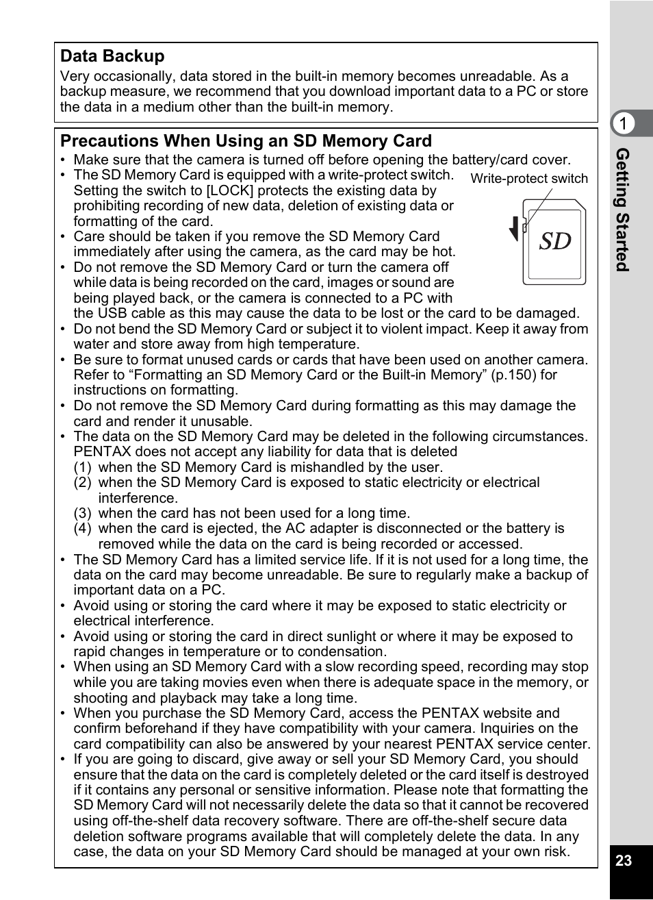 Gettin g sta rte d 1 data backup | Pentax Optio A10 User Manual | Page 25 / 191