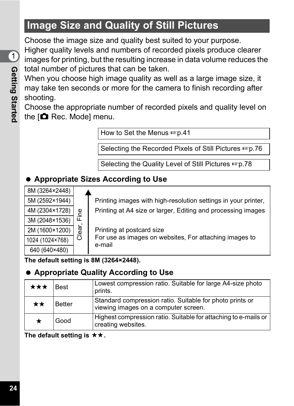 Image size and quality of still pictures | Pentax Optio A10 User Manual | Page 26 / 191